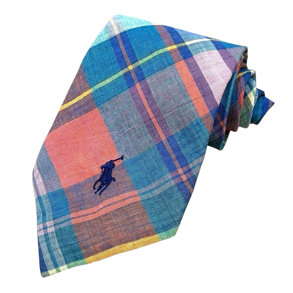 Polo Ralph Lauren Madras Plaid Necktie 100% Cotton Vintage Preppy Coastal